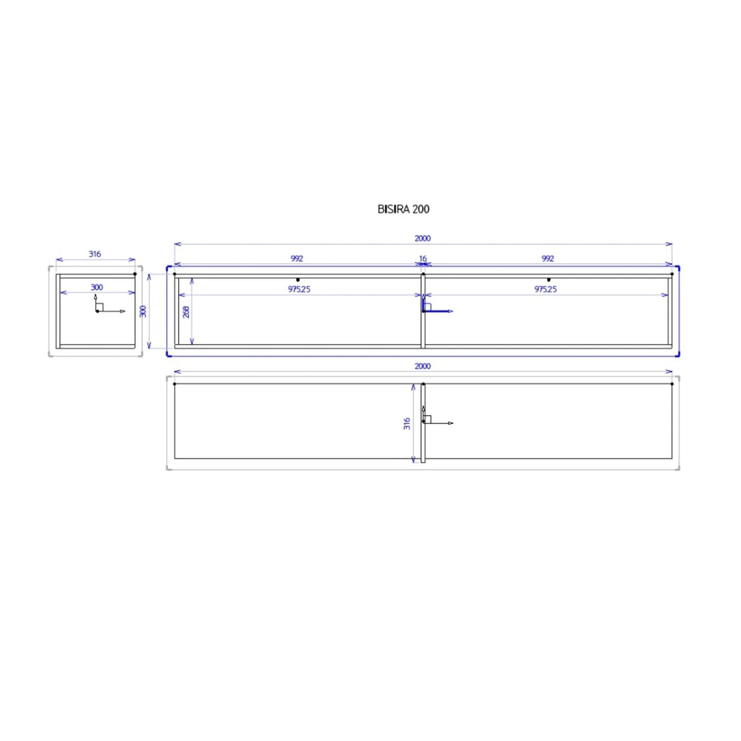 Technische Zeichnung des Selsey TV-Hängeboards Bisira 200 cm. Ansichten mit Maßen für das hängende TV-Möbel mit 2 Klapptüren.