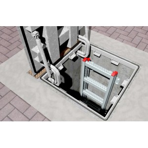 Offener Schacht mit Leiter und Bolzenanker-Befestigung im Betonboden.