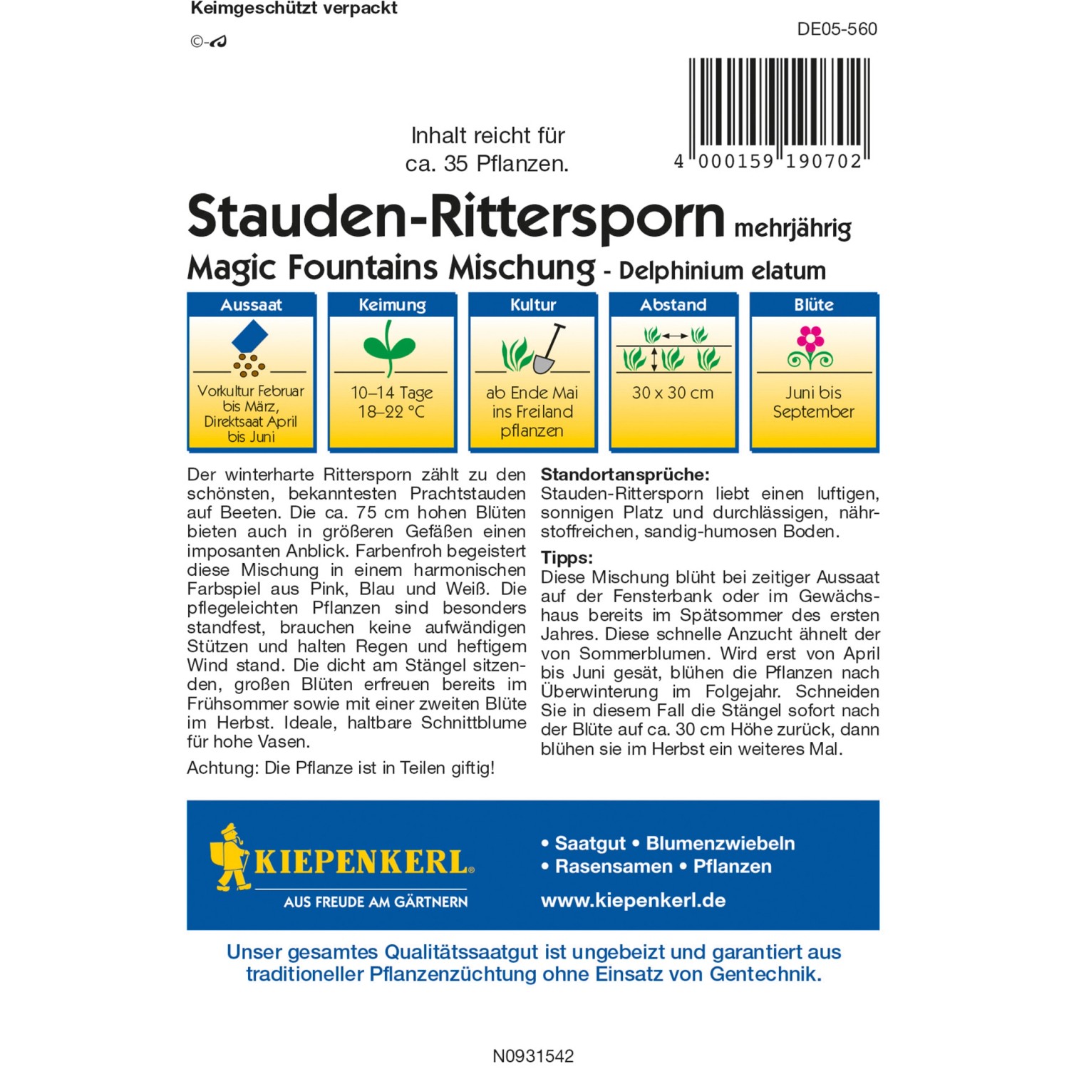 Kiepenkerl Stauden-Rittersporn Magic Fountains Mischung Samenpackung mit Blütezeitangaben.