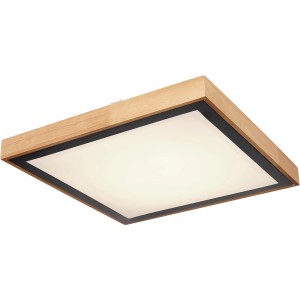Quadratische LED-Deckenleuchte Bruno, schwarz matt mit Holzrahmen, dimmbar.