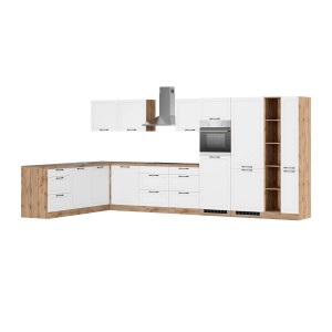 Held Winkelküche Kempten in Weiß/Wotan mit E-Geräten, moderne Küchenzeile mit Spüle, Herd, Backofen und Dunstabzugshaube.