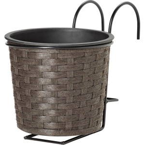 Grauer Balkon-Pflanztopf aus Polyrattan mit Halterung zum Aufhängen am Geländer.
