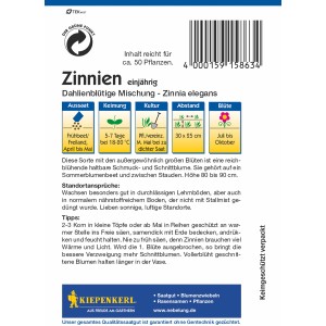 Kiepenkerl Zinnie Dahlienblütige Mischung Samenpackung für farbenprächtige Blumen.
