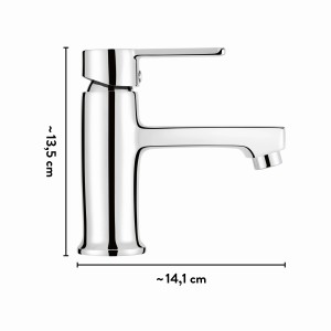 Chromfarbene baliv Kaltwasserarmatur KV-4060 für Waschbecken mit Einhebelmischer und Maßangaben.