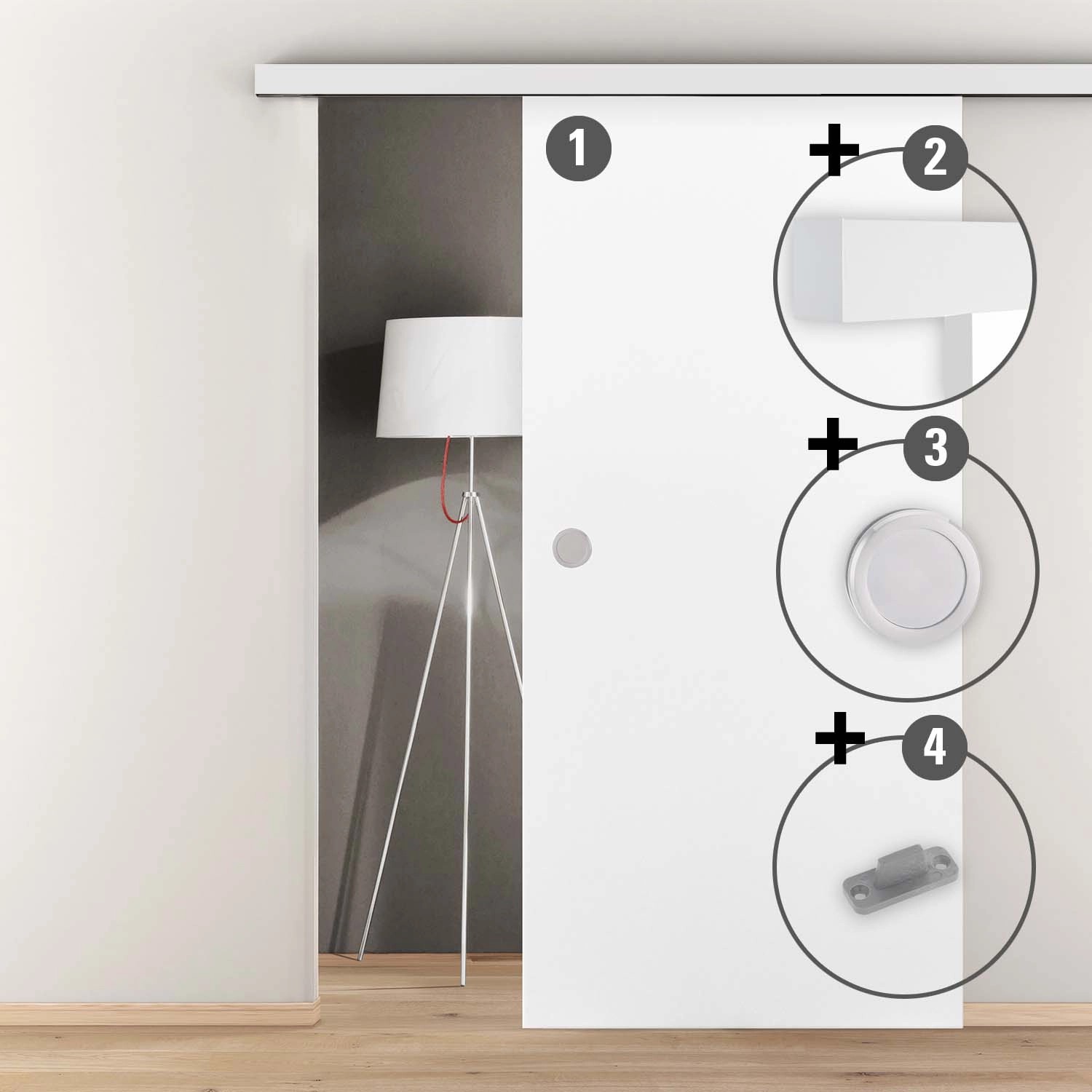 Novadoors Holzschiebetür-Set Ontario Bianco, Weißlack, mit Softeinzug und Griffmuschel.