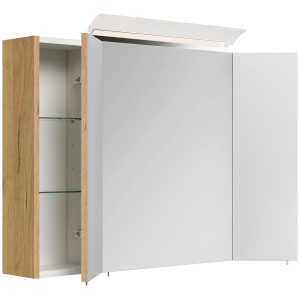 Posseik Spiegelschrank 90 cm Eiche Gold mit LED-Lampe und Glasböden.