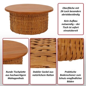 Runder Couchtisch aus Mahagoniholz mit Rattan-Sockel, Ø 75 cm. Wohnzimmertisch ohne Montage.