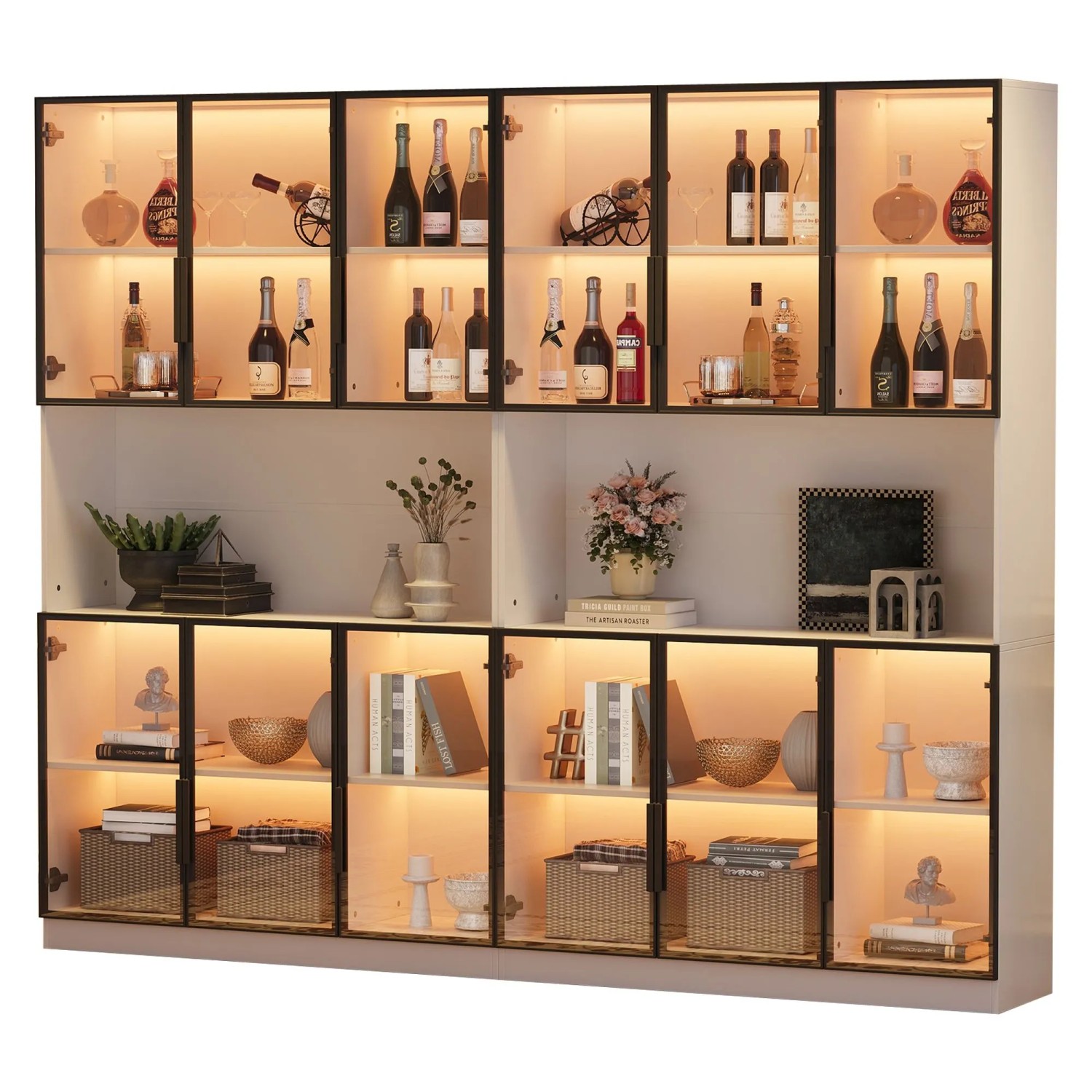 okwish Vitrine mit LED Beleuchtung Schranktüren Stauraum Wohnzimmer 240x34x200cm Weiß_8