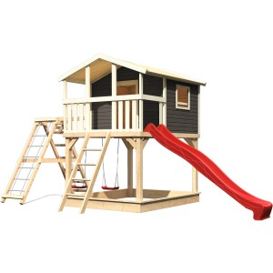 Karibu Stelzenhaus Benjamin terragrau mit Schaukel, Klettergerüst, Netzrampe und roter Rutsche.