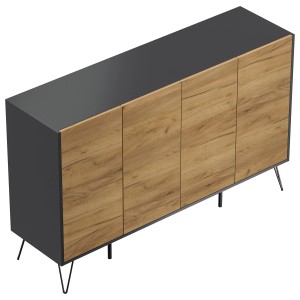 Posseik Sideboard Industrial P, 155 cm breit, mit 4 Türen und Schubladen, Grafit/Eiche Optik.