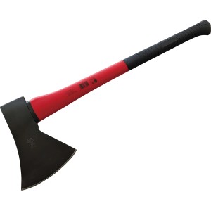 Rheinische Axt, 1250g, mit schwarzem Stahlkopf, rotem Stiel und gummiertem Griff. Ideal zum Fällen und Spalten.