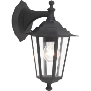 Schwarze Brilliant Außenwandleuchte Crown mit klarem Glas und E27 Fassung.