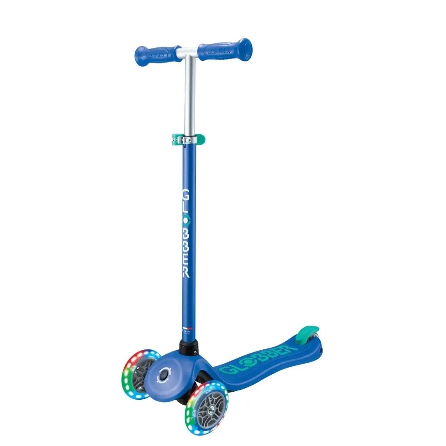 Blauer Globber Kinder Tretroller, 3-rädrig, mit bunten LED-Leuchtrollen. Höhenverstellbar für Sport & Fitness.