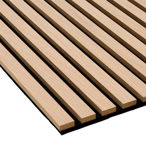 Akustikpaneel Eiche braun/schwarz: MDF-Leisten auf Filz für Wand- und Deckenverkleidung.