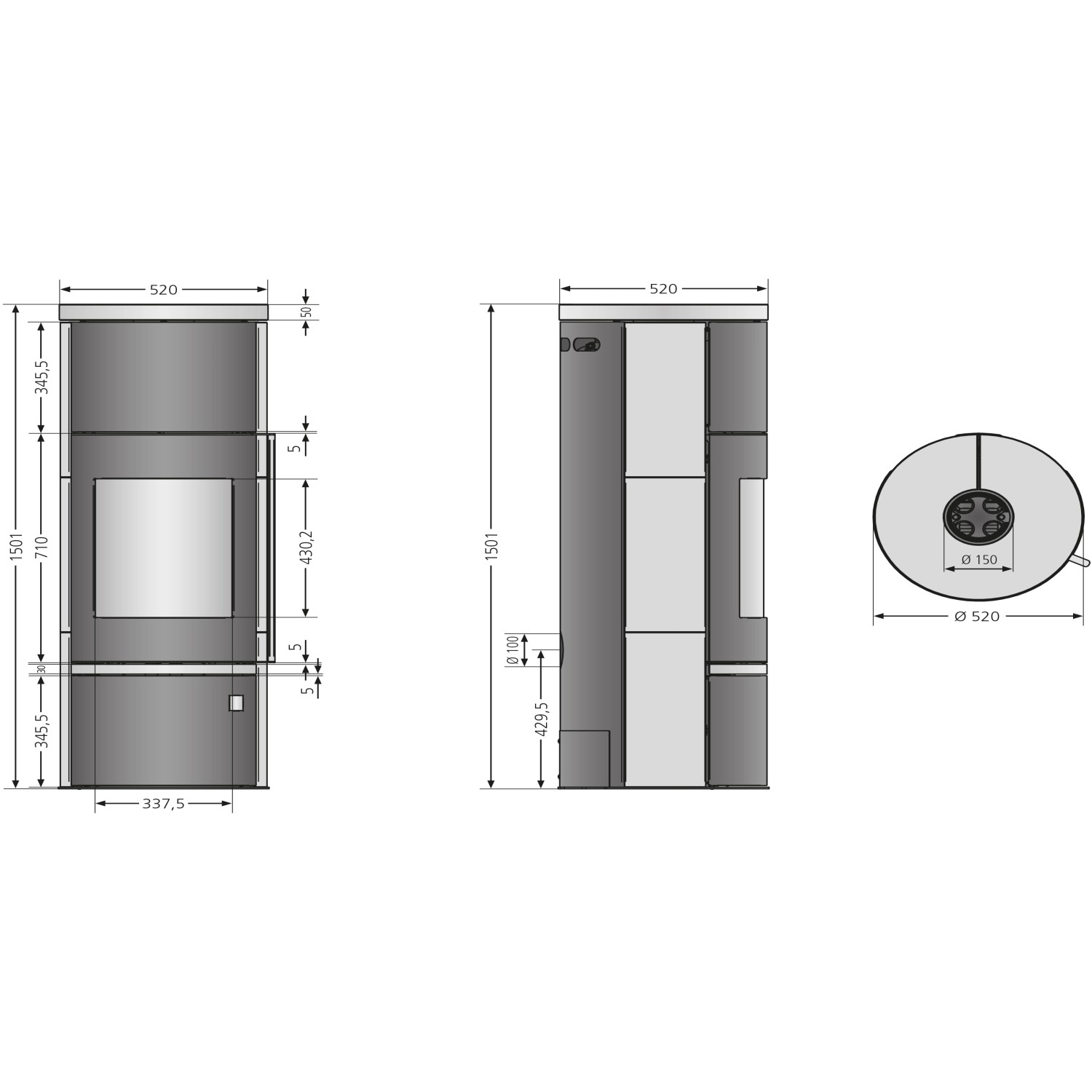 Technische Zeichnung Justus Faro Aqua 2.0 Kaminofen Speckstein Grau 8,5 kW mit Maßen