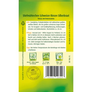 Samentüte Quedlinburger Stiefmütterchen Schweizer Riesen Silberbraut mit weißen Blüten und schwarzem Auge.