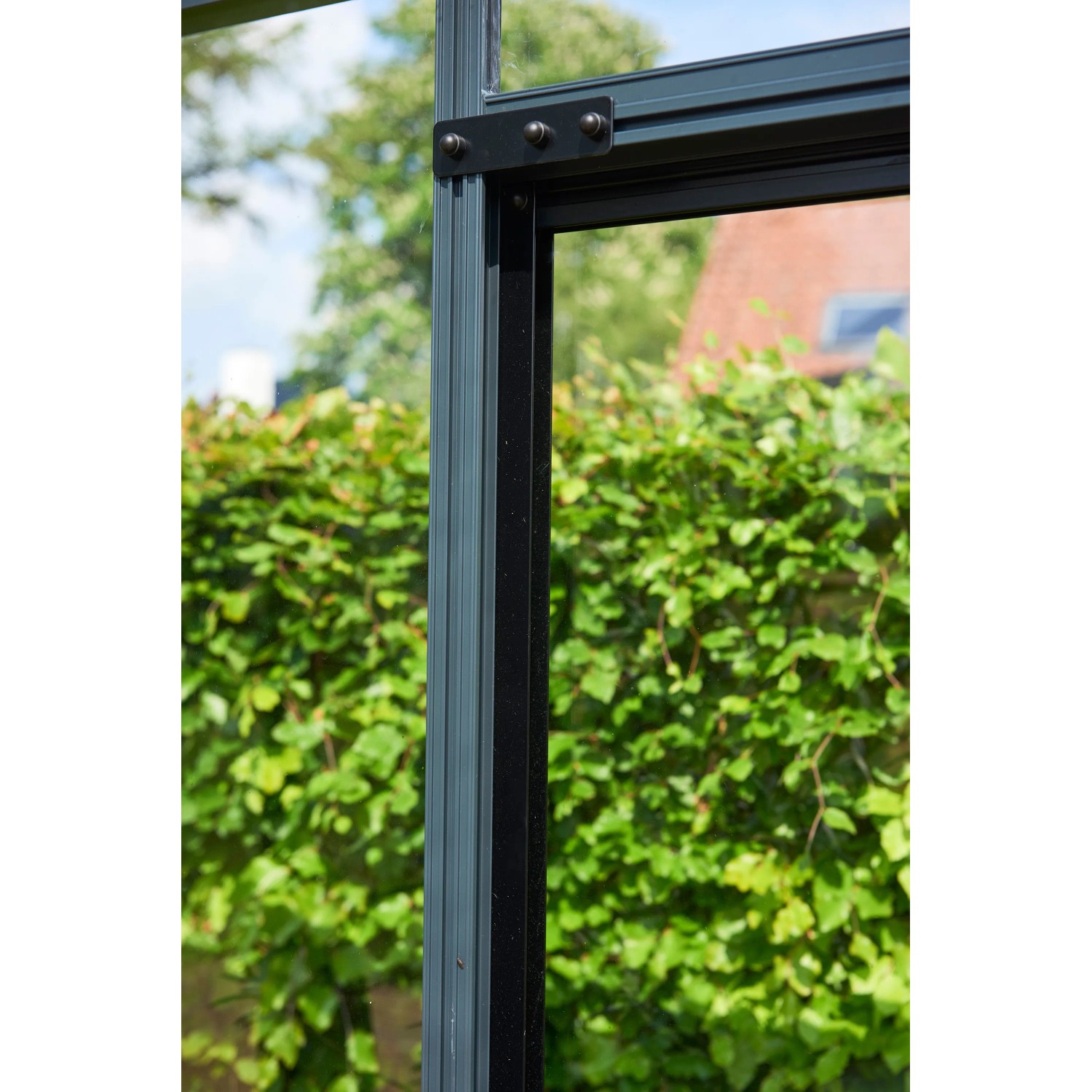 Detailaufnahme Juliana Gewächshaus Oase 8 Anthrazit: Rahmen und Glasstruktur.