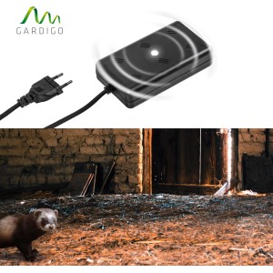Gardigo Marder-Frei Indoor LED Gerät zur Marderabwehr in Innenräumen, mit Marder im Hintergrund.