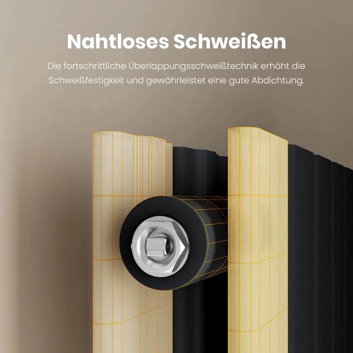 Emke Badheizkörper: Detail der nahtlosen Überlappungsschweißtechnik für hohe Stabilität und Dichtheit des schwarzen Flachheizkörpers.