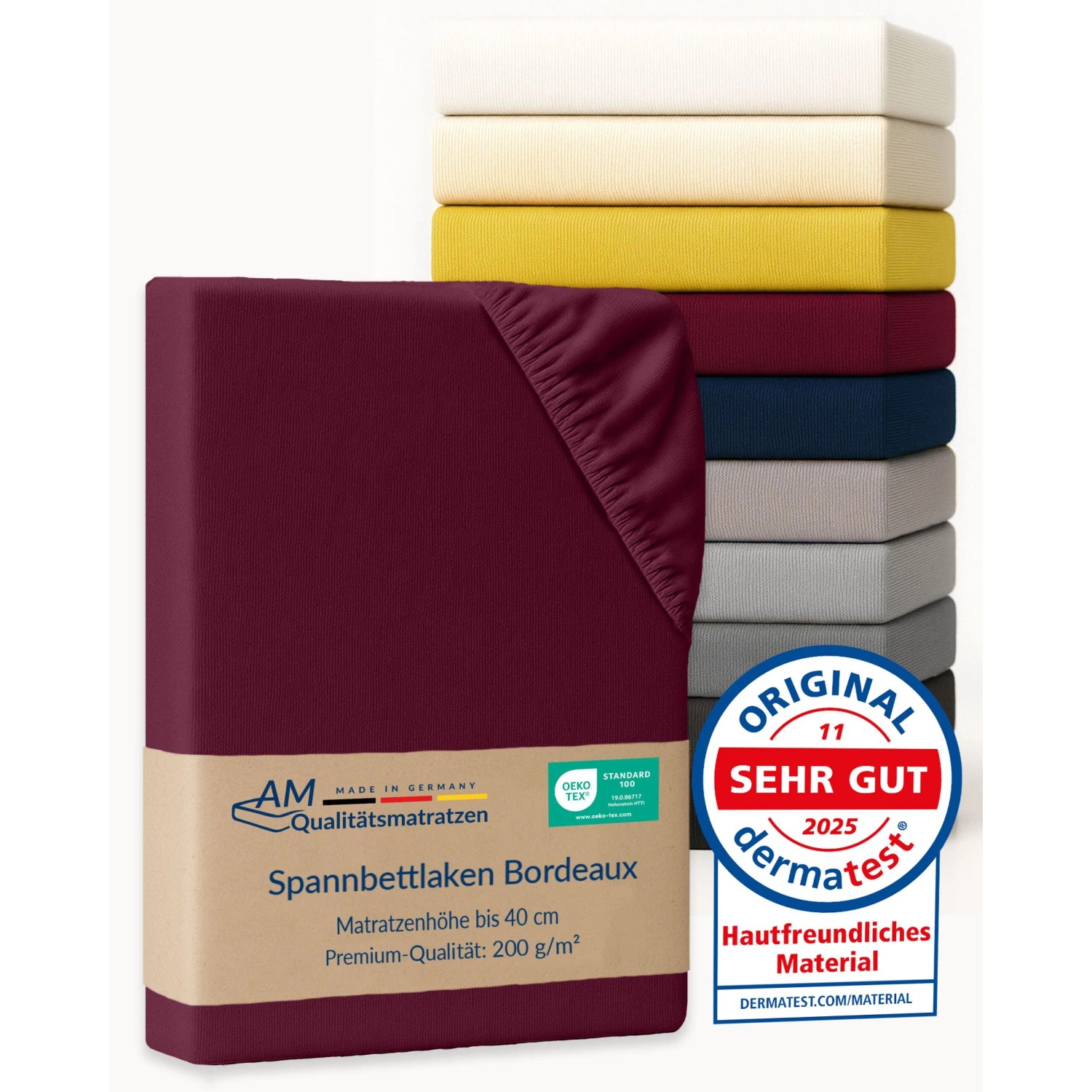AM Qualitätsmatratzen Premium Jersey Boxspringbett Spannbettlaken aus Baumwolle Made in Germany 90x200cm in Bordeaux_2