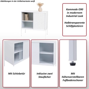 Weiße MCW Kommode O90 im Industrial Look mit Schiebetüren und Staufächern, 85x80x45 cm.