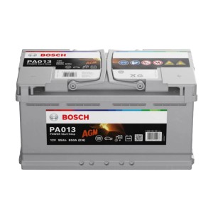 Bosch PowerLine AGM Batterie 95Ah/850A für Autoelektrik, graues Gehäuse.