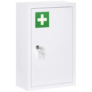 Weißer abschließbarer Medizinschrank aus Stahl mit grünem Erste-Hilfe-Kreuz und Schlüsseln.
