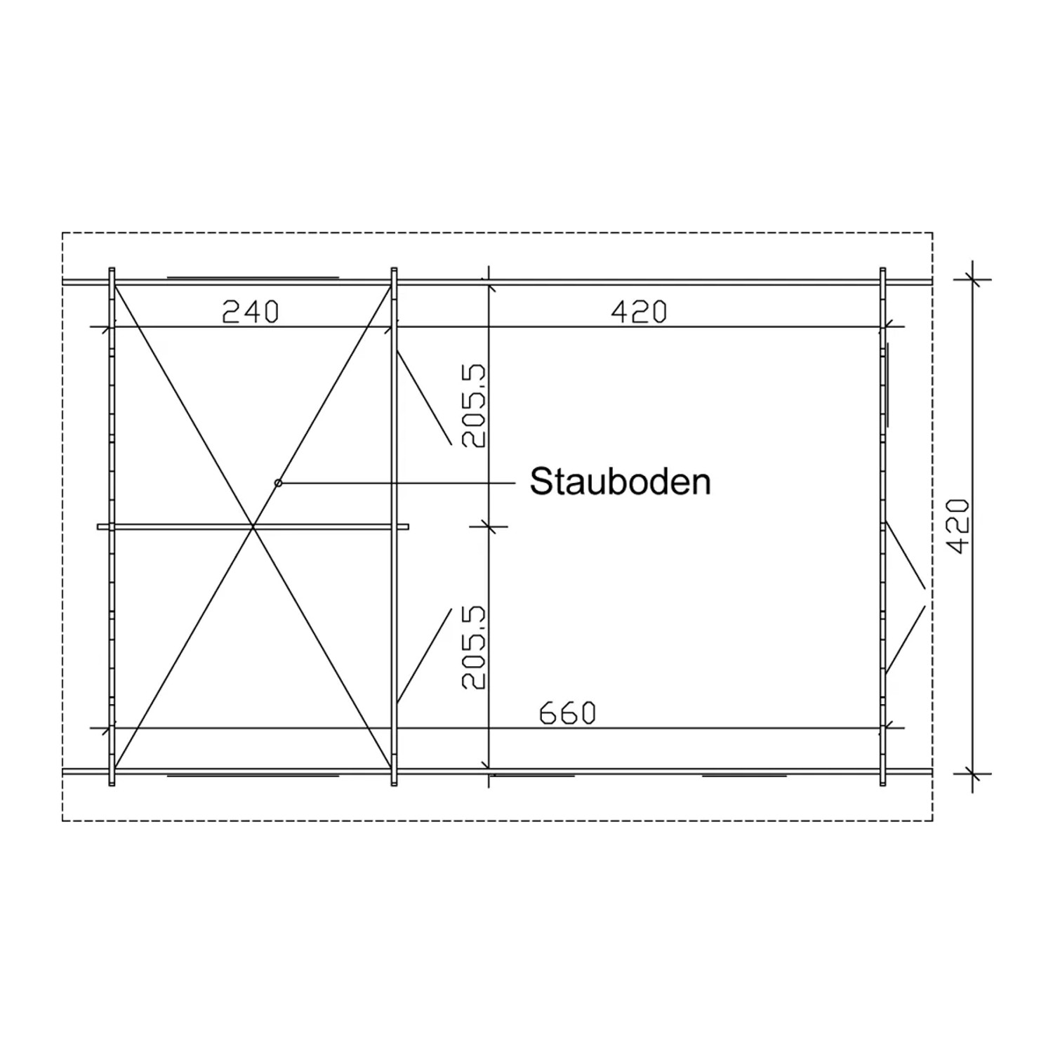 Grundriss Skan Holz Gartenhaus Bern 4 (420x660cm) mit Dachlattung und Stauboden.