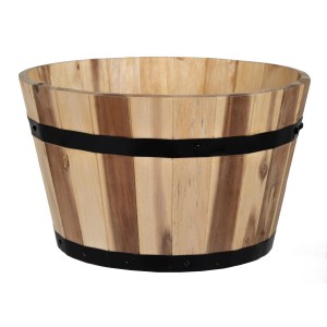 Runder M Collections Pflanztopf Acacia Barrel, 46 cm, aus Akazienholz mit schwarzen Zierbändern.