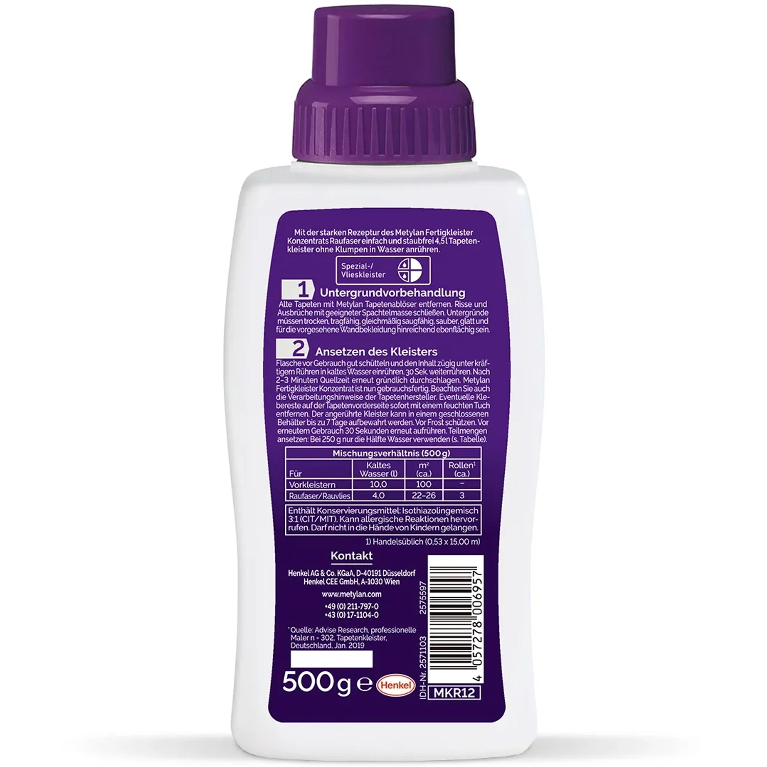 Metylan Fertigkleister Konzentrat Raufaser 500g Flasche, Tapetenkleister für Raufaser.
