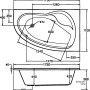 Technische Zeichnung der weißen Eckbadewanne Loredana, 175x111 cm, mit Maßangaben.