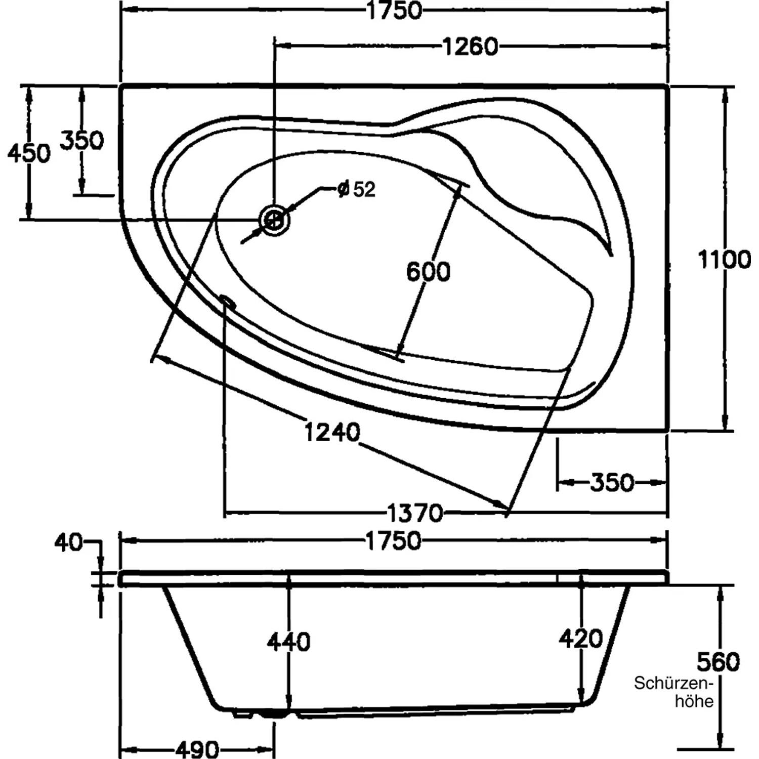 Technische Zeichnung der weißen Eckbadewanne Loredana, 175x111 cm, mit Maßangaben.