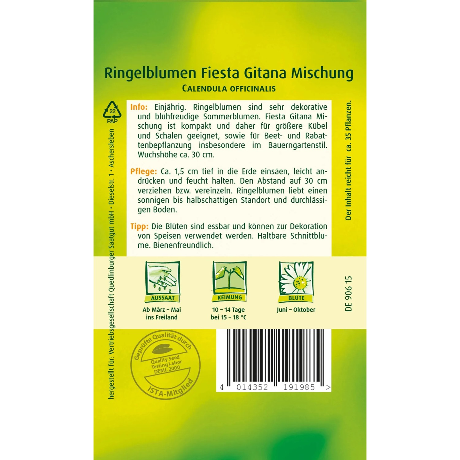 Samentüte Ringelblume 'Fiesta Gitana Mischung' von Quedlinburger, einjährige Sommerblume.