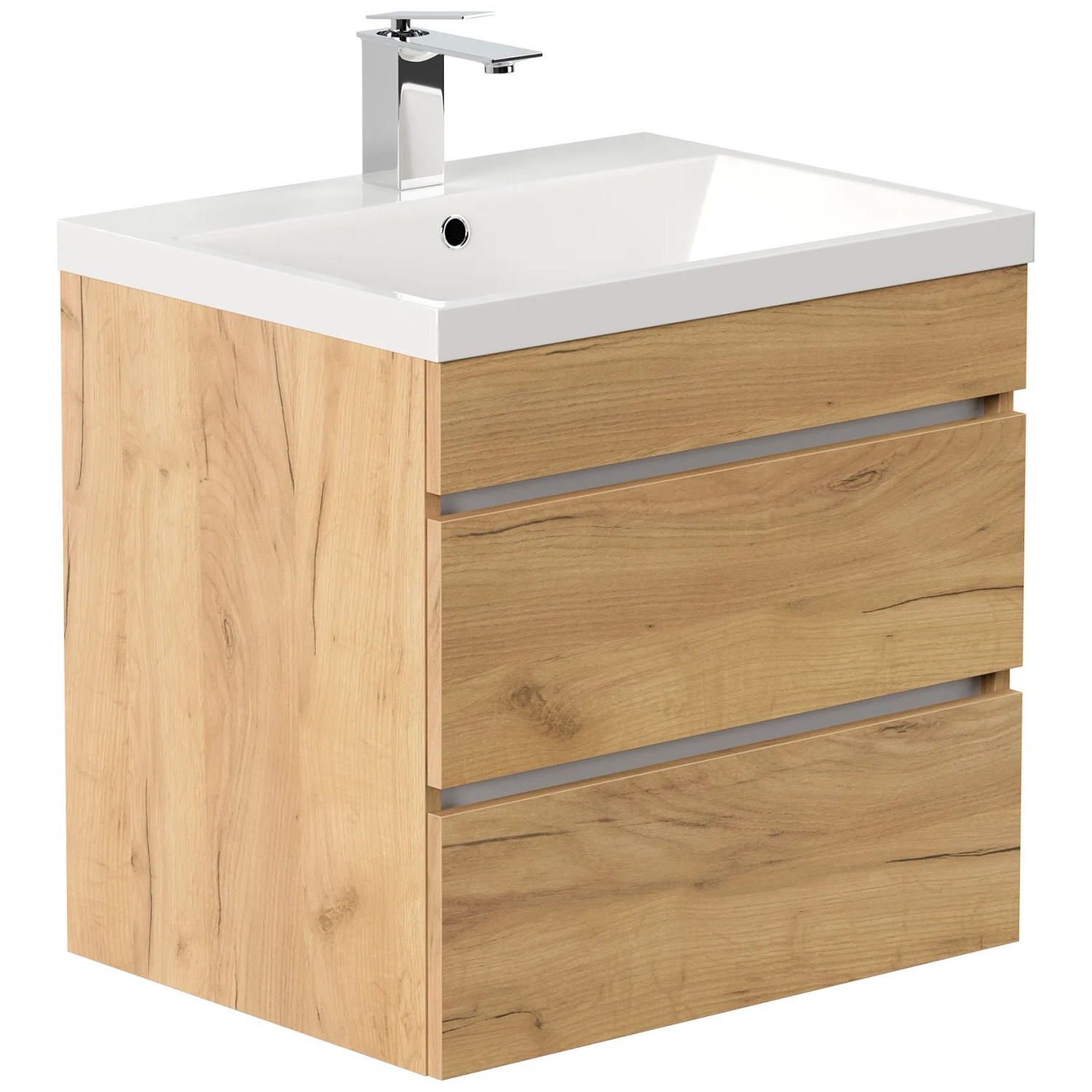 Posseik Badmöbel Fellini 60 in Eiche Gold mit Waschbecken und 3 grifflosen Schubladen.