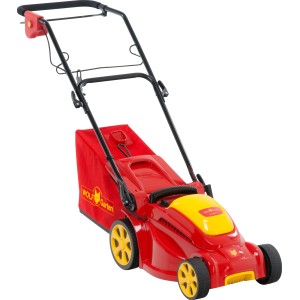 Wolf Elektro-Rasenmäher A340 E: Roter Rasenmäher mit gelben Akzenten und Fangkorb.