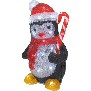 LED Dekofigur Pinguin, 30 cm, mit Mütze, Schal und Zuckerstange, für die Weihnachtsdekoration im Außenbereich.