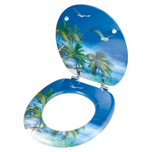 WC-Sitz Kalamos mit Strandmotiv, Holzkern, blaue Brille mit Palmen und Möwen.