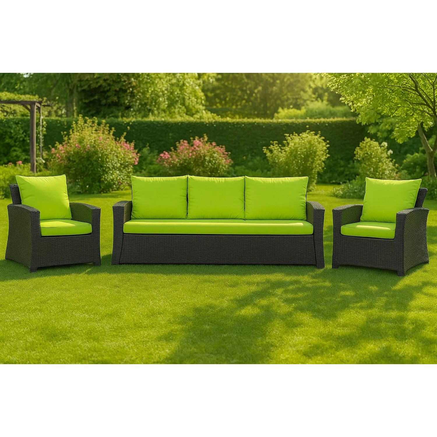 Setgarden Gartenmöbel-Set: Sofa und Sessel mit hellgrünen Kissen für Terrasse und Garten.