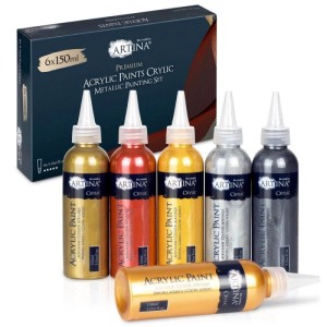Artina Metallic Acrylfarbenset, 6 Farben (Gold, Silber, Schwarz, Rot u.a.), je 150ml. Künstlerfarben für Leinwand.