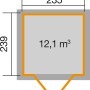 Grundriss Weka Gartenhaus 264 mit Pultdach, Maße 235x239 cm, Fläche 12,1 m³.