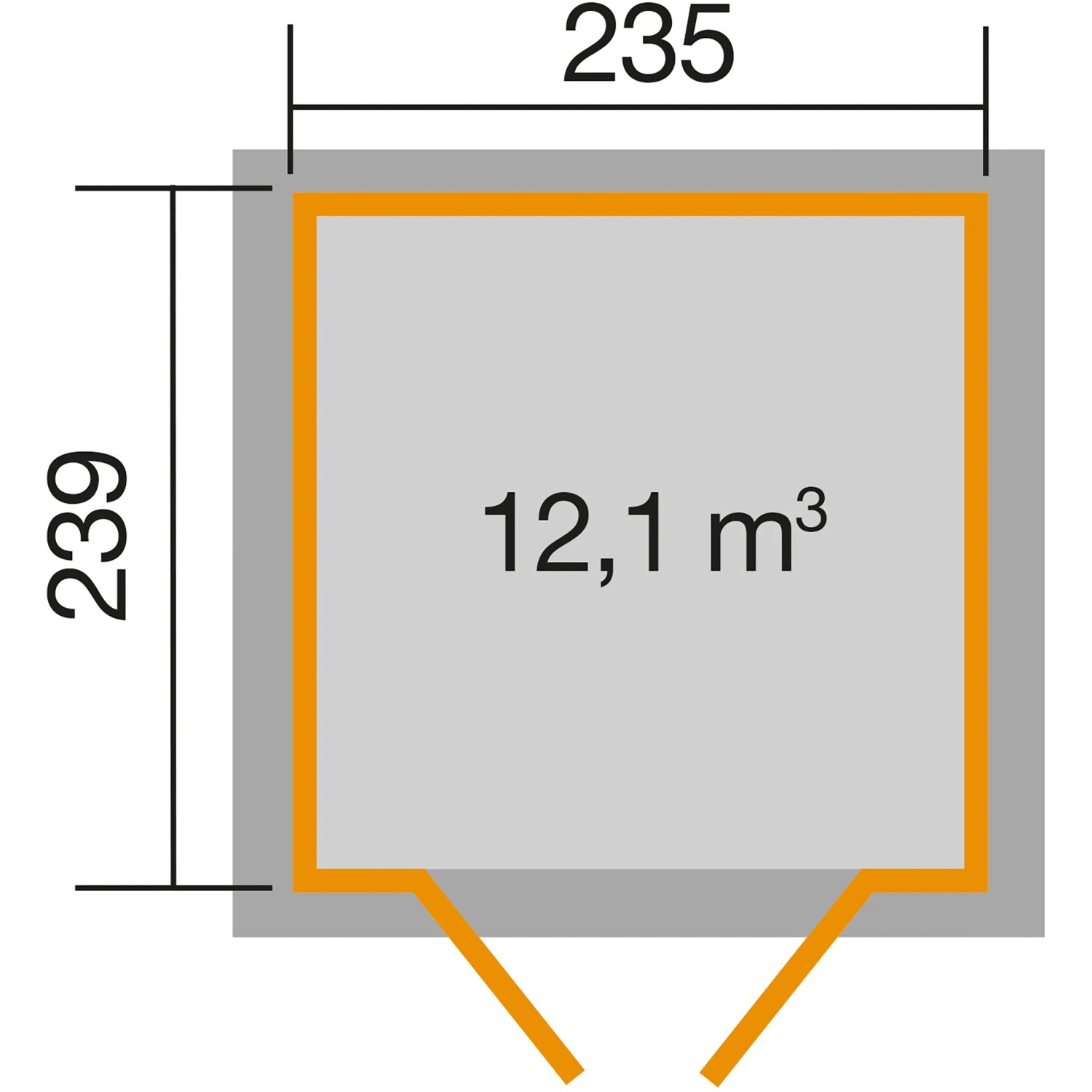 Grundriss Weka Gartenhaus 264 mit Pultdach, Maße 235x239 cm, Fläche 12,1 m³.