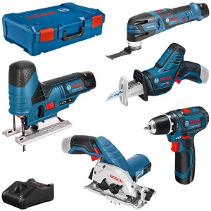 Bosch Professional 12V Akku-Set: Stichsäge, Multi-Cutter, Kreissäge, Bohrschrauber, Säbelsäge mit Akkus und XL-Boxx.