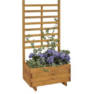 Honigbrauner Gaspo Pflanzkasten Gmunden mit Spalier und blauen Hortensien.