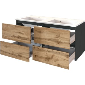 Held Möbel Waschtisch-Set Bari, 120 cm, Wotaneiche/Graphitgrau, mit vier Schubladen und Doppelwaschbecken.