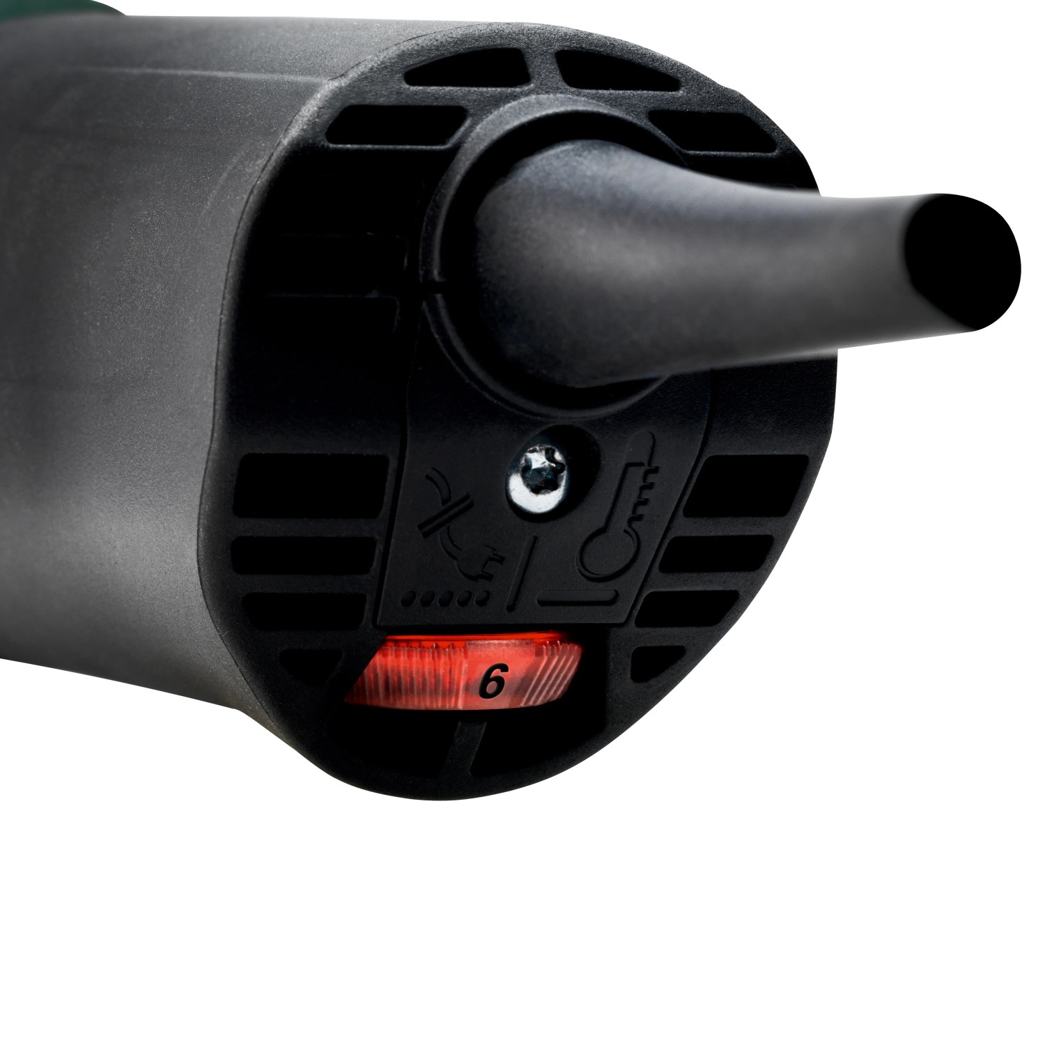 Detailaufnahme: Metabo Winkelschleifer WEV 11-125 Quick mit rotem Schalter auf Stufe 6.