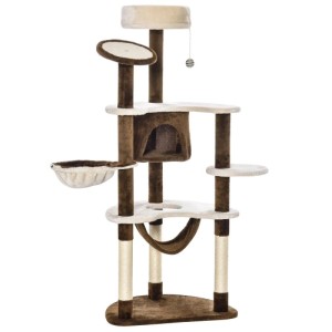 Großer Kratzbaum XXL in Braun/Beige mit Katzenhöhle, zwei Hängematten, Plüschplattformen und Sisalstämmen.
