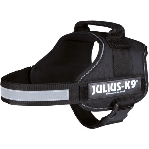Schwarzes Julius K-9 Powergeschirr Gr. 0 (M-L) mit reflektierenden Streifen und Logo.