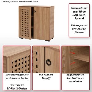 Weiße MCW Kommode N87 mit zwei Türen, eine davon im 3D-Flecht-Design.