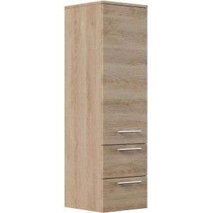 Posseik Bad-Hochschrank Rima, Eiche hell, mit drei Schubladen und chromfarbenen Griffen.