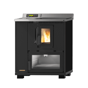 Schwarzer Blaze Pellet-Küchenherd Devon mit Kochfeld und Backofen, 8 kW Leistung.